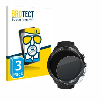 Front side of a product packaging with the brand logo BROTECT. Next to it is the device Suunto 9 shown with the corresponding 