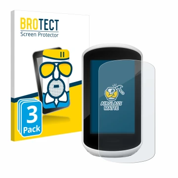 Front side of a product packaging with the brand logo BROTECT. Next to it is the device Garmin Edge Explore 2018 shown with th