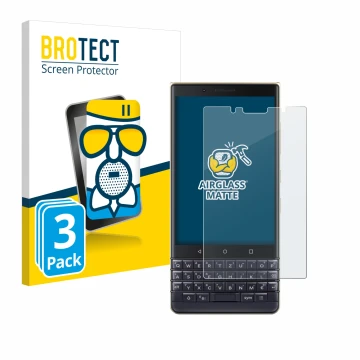 Front side of a product packaging with the brand logo BROTECT. Next to it is the device BlackBerry Key2 LE shown with the corr