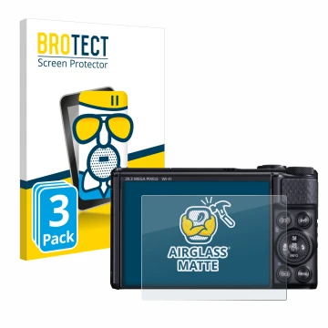 Front side of a product packaging with the brand logo BROTECT. Next to it is the device Canon PowerShot SX740 HS shown with th