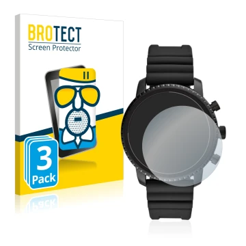 Front side of a product packaging with the brand logo BROTECT. Next to it is the device Fossil Q Explorist HR (4.Gen) shown wi