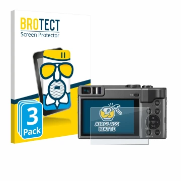 Front side of a product packaging with the brand logo BROTECT. Next to it is the device Panasonic Lumix DC-TZ90 shown with the