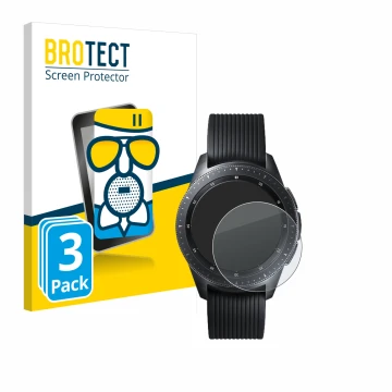 Front side of a product packaging with the brand logo BROTECT. Next to it is the device Samsung Galaxy Watch (42 mm) shown wit