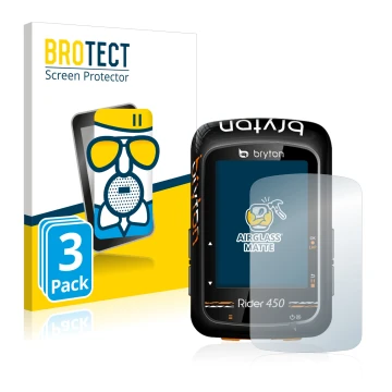 Front side of a product packaging with the brand logo BROTECT. Next to it is the device Bryton Rider 450 shown with the corres