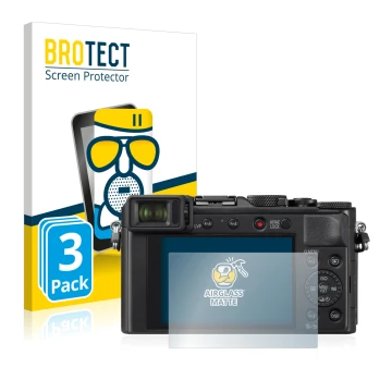 Front side of a product packaging with the brand logo BROTECT. Next to it is the device Panasonic Lumix DC-LX100 II shown with