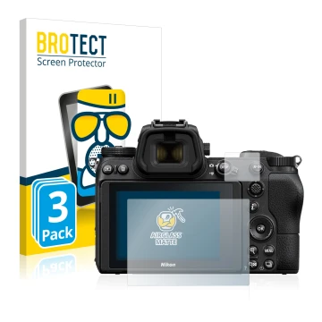 Front side of a product packaging with the brand logo BROTECT. Next to it is the device Nikon Z 6 shown with the corresponding