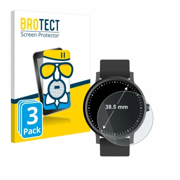 Front side of a product packaging with the brand logo BROTECT. Next to it is the device Watches (Circular, ø: 38.5 mm) shown w