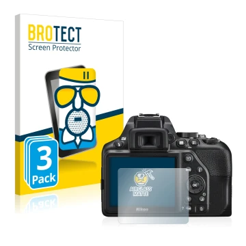 Front side of a product packaging with the brand logo BROTECT. Next to it is the device Nikon D3500 shown with the correspondi
