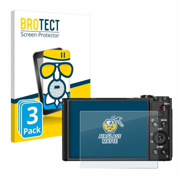 Front side of a product packaging with the brand logo BROTECT. Next to it is the device Sony Cyber-Shot DSC-HX99 shown with th