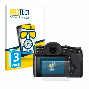 Front side of a product packaging with the brand logo BROTECT. Next to it is the device Fujifilm X-T3 shown with the correspon