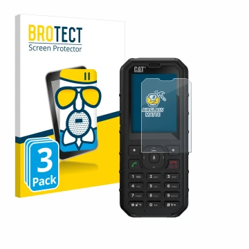 Front side of a product packaging with the brand logo BROTECT. Next to it is the device Caterpillar Cat B35 shown with the cor