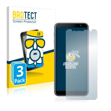 Front side of a product packaging with the brand logo BROTECT. Next to it is the device Samsung Galaxy J6 Plus shown with the 