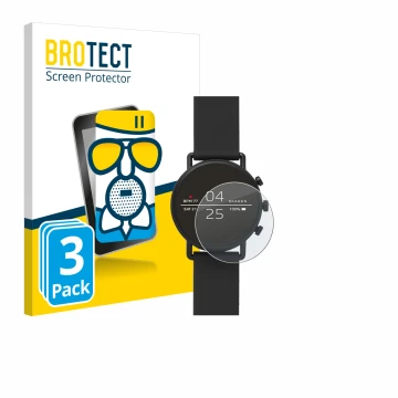 Front side of a product packaging with the brand logo BROTECT. Next to it is the device Skagen Smartwatch Falster 2 shown with