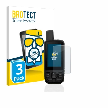 Front side of a product packaging with the brand logo BROTECT. Next to it is the device Garmin GPSMAP 66s shown with the corre