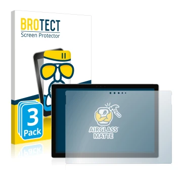 Front side of a product packaging with the brand logo BROTECT. Next to it is the device Microsoft Surface Pro 6 shown with the