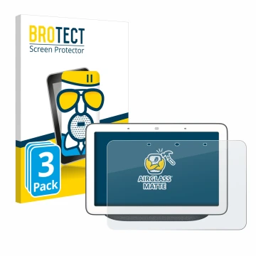Front side of a product packaging with the brand logo BROTECT. Next to it is the device Google Home Hub shown with the corresp