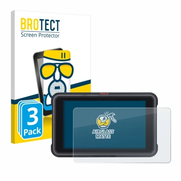 Front side of a product packaging with the brand logo BROTECT. Next to it is the device Atomos Ninja V shown with the correspo