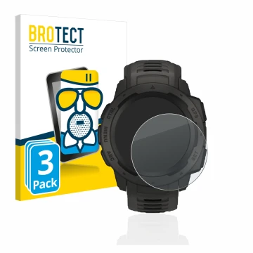 Front side of a product packaging with the brand logo BROTECT. Next to it is the device Garmin Instinct shown with the corresp