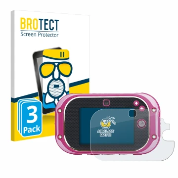 Front side of a product packaging with the brand logo BROTECT. Next to it is the device Vtech Kidizoom Touch 5.0 2018 shown wi