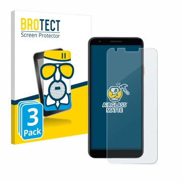 Front side of a product packaging with the brand logo BROTECT. Next to it is the device Google Pixel 3a shown with the corresp