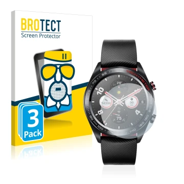 Front side of a product packaging with the brand logo BROTECT. Next to it is the device Honor Watch Magic shown with the corre