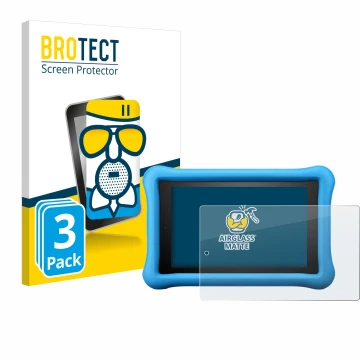 Front side of a product packaging with the brand logo BROTECT. Next to it is the device Amazon Fire HD 8 Kids Edition 2018 (8t
