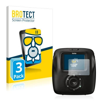 Front side of a product packaging with the brand logo BROTECT. Next to it is the device Fujifilm Instax Square SQ20 shown with