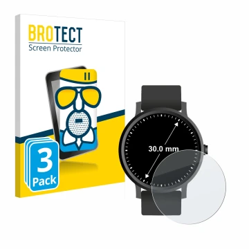 Front side of a product packaging with the brand logo BROTECT. Next to it is the device Circular Displays (ø: 30 mm) shown wit