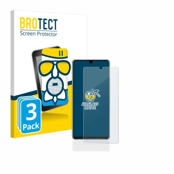 Front side of a product packaging with the brand logo BROTECT. Next to it is the device Huawei P30 shown with the correspondin