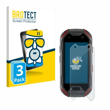 Front side of a product packaging with the brand logo BROTECT. Next to it is the device Unihertz Atom shown with the correspon
