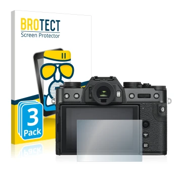 Front side of a product packaging with the brand logo BROTECT. Next to it is the device Fujifilm X-T30 shown with the correspo