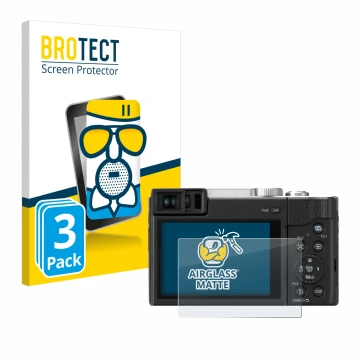Front side of a product packaging with the brand logo BROTECT. Next to it is the device Panasonic Lumix DC-TZ96 shown with the