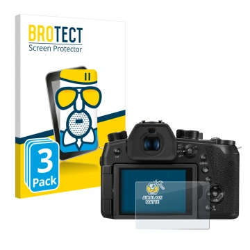 Front side of a product packaging with the brand logo BROTECT. Next to it is the device Panasonic Lumix DC-FZ1000 II shown wit
