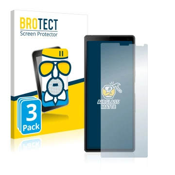 Front side of a product packaging with the brand logo BROTECT. Next to it is the device Sony Xperia 10 shown with the correspo