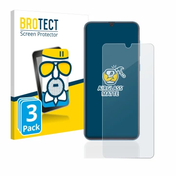 Front side of a product packaging with the brand logo BROTECT. Next to it is the device Samsung Galaxy A40 shown with the corr