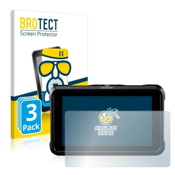 Front side of a product packaging with the brand logo BROTECT. Next to it is the device Atomos Shinobi shown with the correspo