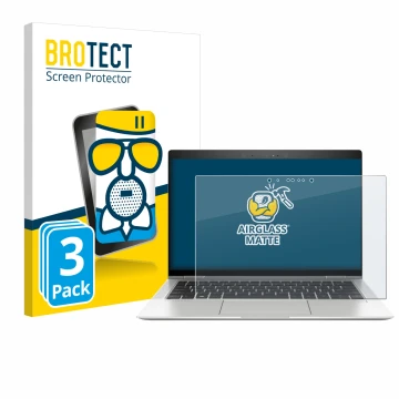 Front side of a product packaging with the brand logo BROTECT. Next to it is the device HP EliteBook x360 1030 G3 shown with t