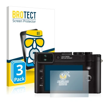 Front side of a product packaging with the brand logo BROTECT. Next to it is the device Leica Q2 shown with the corresponding 