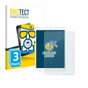 Front side of a product packaging with the brand logo BROTECT. Next to it is the device Apple iPad Air 2019 (3th Gen.) shown w