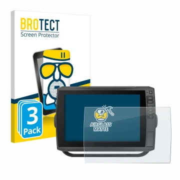 Front side of a product packaging with the brand logo BROTECT. Next to it is the device Garmin ECHOMAP Ultra 102sv shown with 