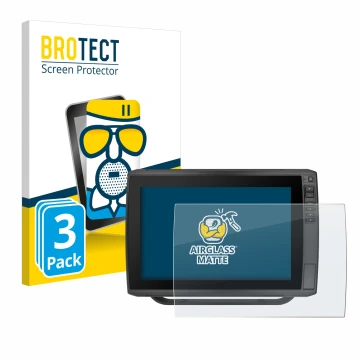 Front side of a product packaging with the brand logo BROTECT. Next to it is the device Garmin ECHOMAP Ultra 122sv shown with 