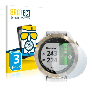 Front side of a product packaging with the brand logo BROTECT. Next to it is the device Garmin Approach S40 shown with the cor