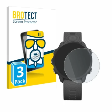Front side of a product packaging with the brand logo BROTECT. Next to it is the device Garmin Forerunner 245 Music shown with