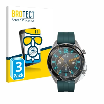 Front side of a product packaging with the brand logo BROTECT. Next to it is the device Huawei Watch GT Active shown with the 