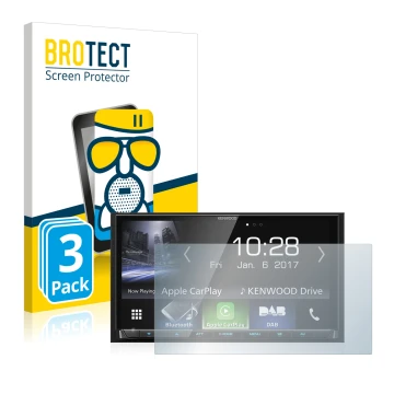 Front side of a product packaging with the brand logo BROTECT. Next to it is the device Kenwood DMX7017DABS shown with the cor