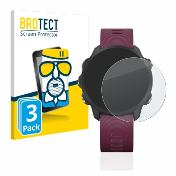 Front side of a product packaging with the brand logo BROTECT. Next to it is the device Garmin Forerunner 245 shown with the c