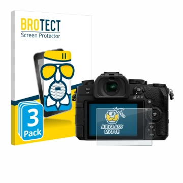 Front side of a product packaging with the brand logo BROTECT. Next to it is the device Panasonic Lumix DC-G91 shown with the 