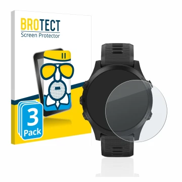 Front side of a product packaging with the brand logo BROTECT. Next to it is the device Garmin Forerunner 945 shown with the c