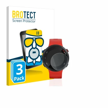 Front side of a product packaging with the brand logo BROTECT. Next to it is the device Garmin Forerunner 45 shown with the co