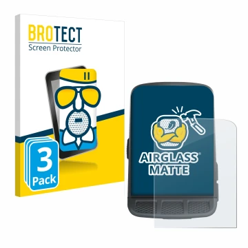 Front side of a product packaging with the brand logo BROTECT. Next to it is the device Wahoo Elemnt Roam shown with the corre